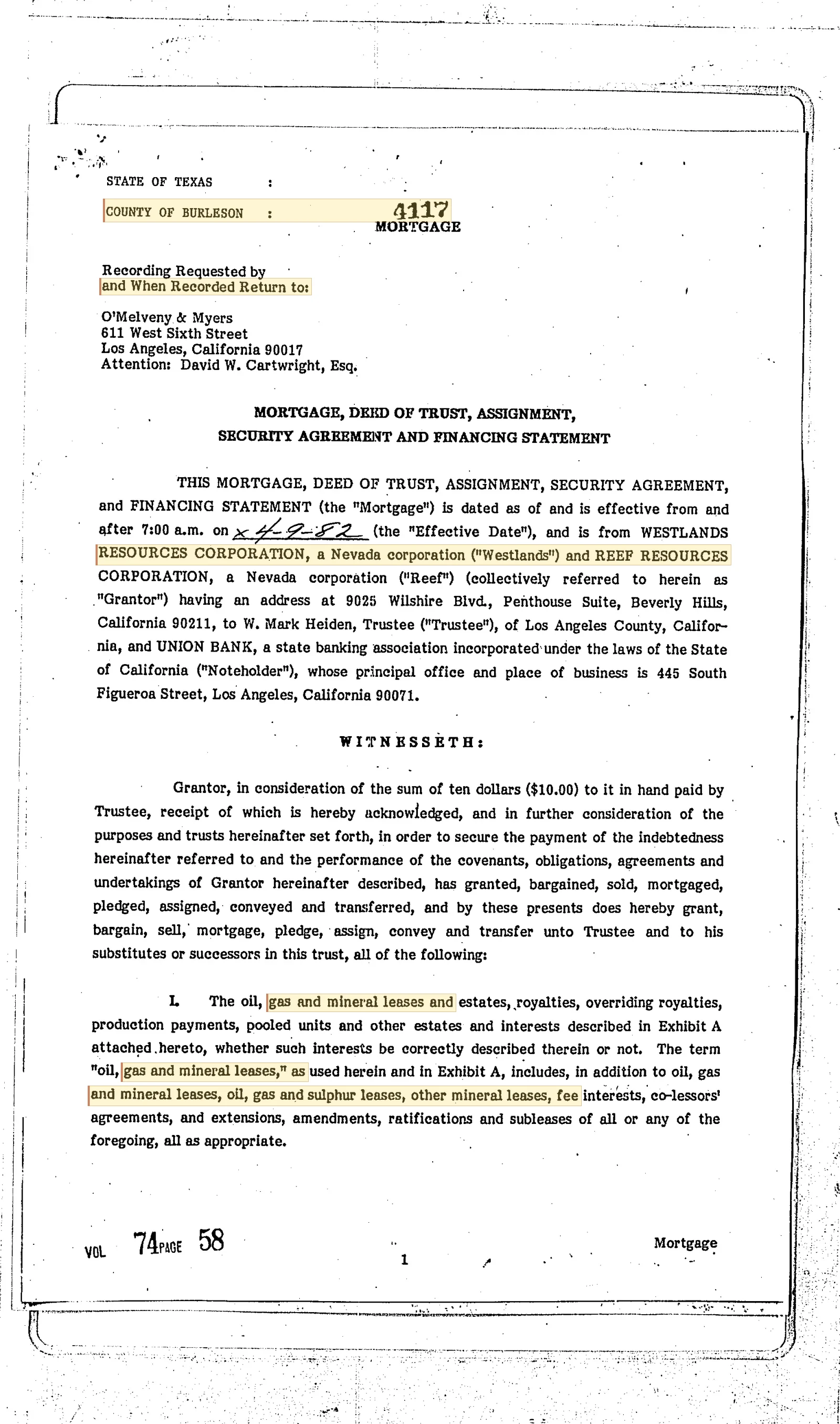 Westlands Resources Corp - Recorded Deed Of Trust (Vol. 74, Page 58)