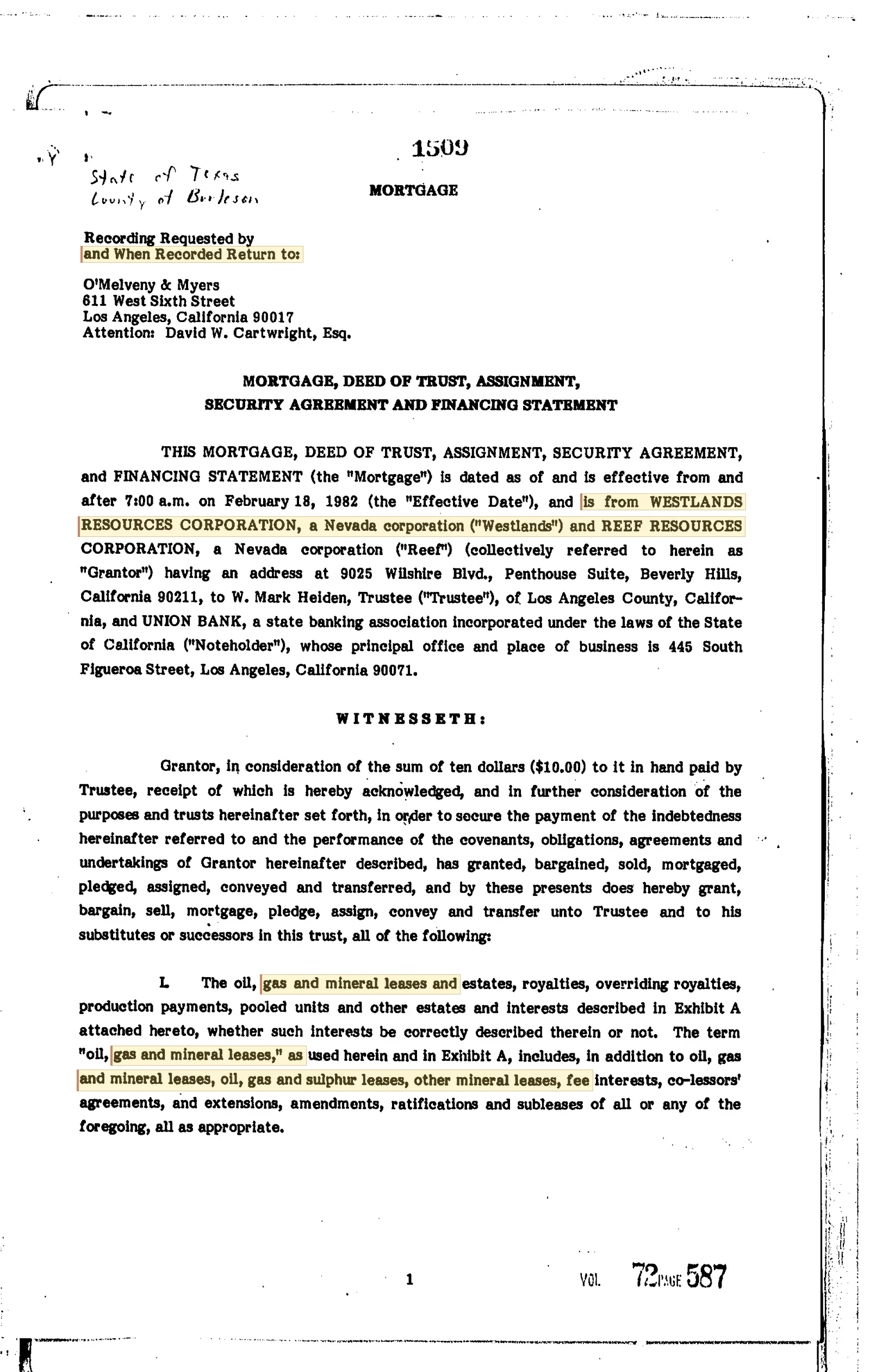 Westlands Resources Corp - Recorded Deed Of Trust (Vol. 72, Page 587)